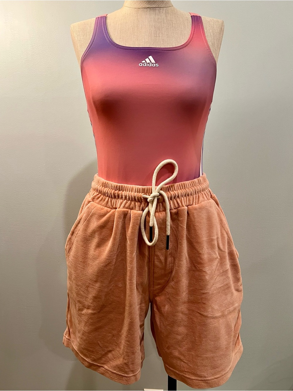 OAS light coral velvet drawstring shorts with elastic waist and pockets. Size L.